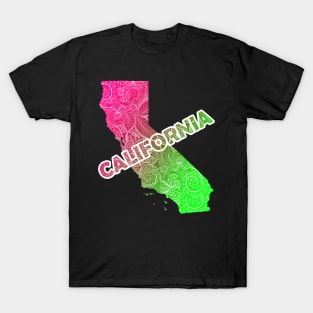 Colorful mandala art map of California with text in pink and green T-Shirt